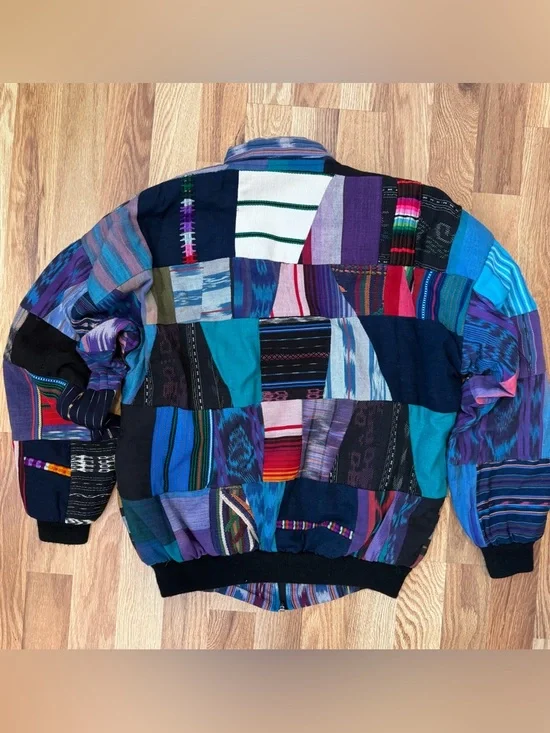 Vintage ALFA Hand-Woven Guatemalan Patchwork Cotton Bomber Jacket - Picture 4 of 5